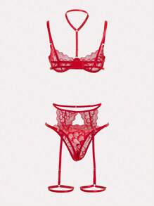 ROMWE Kawaii Lace Garter Underwire Lingerie Set - Red - View 2