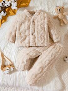 男嬰素色毛絨夾克和褲子 - 杏色 - 查看 1