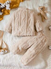 男嬰素色毛絨夾克和褲子 - 杏色 - 查看 2