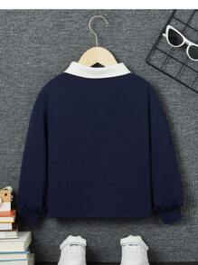 SHEIN Leap Crew 男小童字母圖案拼接領POLO衫 - 藏蓝色 - 查看 2