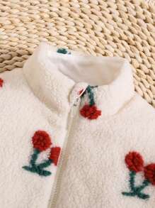 Baby Girl Cherry Pattern Zip Up Teddy Coat - Apricot - View 3