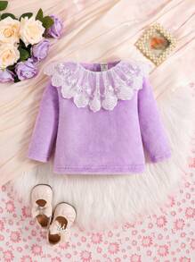 Baby Girl Contrast Lace Ruffle Trim Keyhole Back Tee - Lilac Purple - View 1
