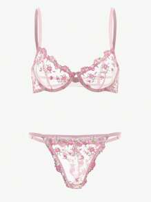 Embroidery Sheer Mesh Underwire Bra & Panty Lingerie Set