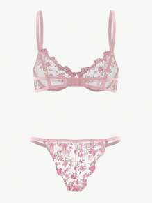 Embroidery Sheer Mesh Underwire Bra & Panty Lingerie Set