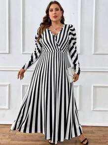 SHEIN Clasi Plus Striped Print Surplice Neck Dress - Black and White - View 4