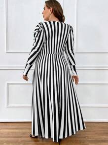 SHEIN Clasi Plus Striped Print Surplice Neck Dress - Black and White - View 2