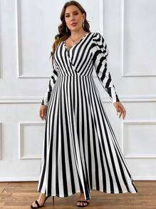 SHEIN Clasi Plus Striped Print Surplice Neck Dress - Black and White - View 3