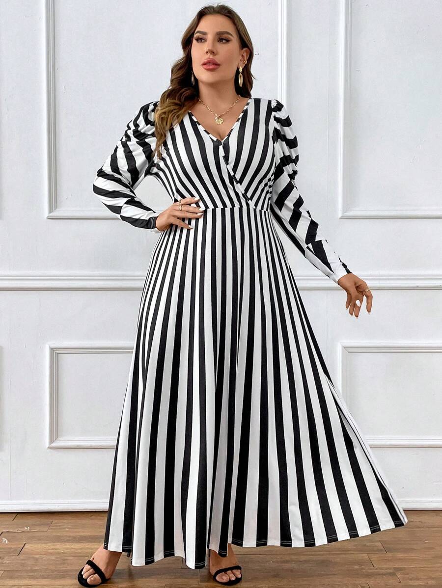 SHEIN Clasi Plus Striped Print Surplice Neck Dress - Black and White - View 1