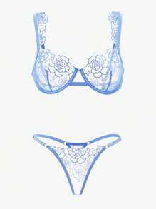 Sheer Embroidery Underwire Sexy Bra & Panty Lingerie Set - Blue - View 3