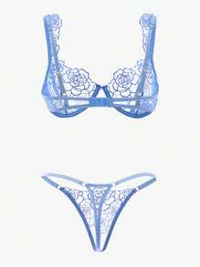 Sheer Embroidery Underwire Sexy Bra & Panty Lingerie Set - Blue - View 4