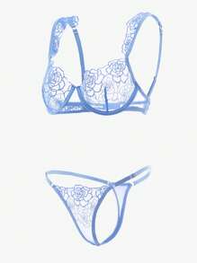 Sheer Embroidery Underwire Sexy Bra & Panty Lingerie Set - Blue - View 5