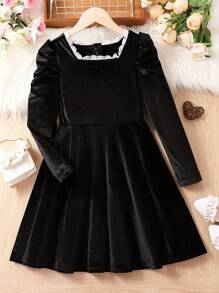 SHEIN 女大童鏤空蕾絲花邊泡泡袖方領洋裝 - 黑色 - 查看 1