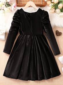 SHEIN 女大童鏤空蕾絲花邊泡泡袖方領洋裝 - 黑色 - 查看 2