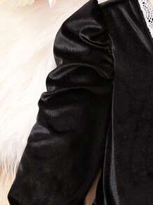 SHEIN 女大童鏤空蕾絲花邊泡泡袖方領洋裝 - 黑色 - 查看 3