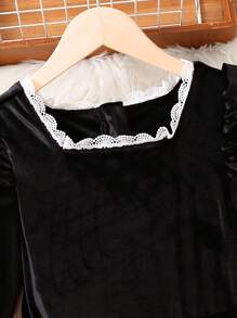 SHEIN 女大童鏤空蕾絲花邊泡泡袖方領洋裝 - 黑色 - 查看 7