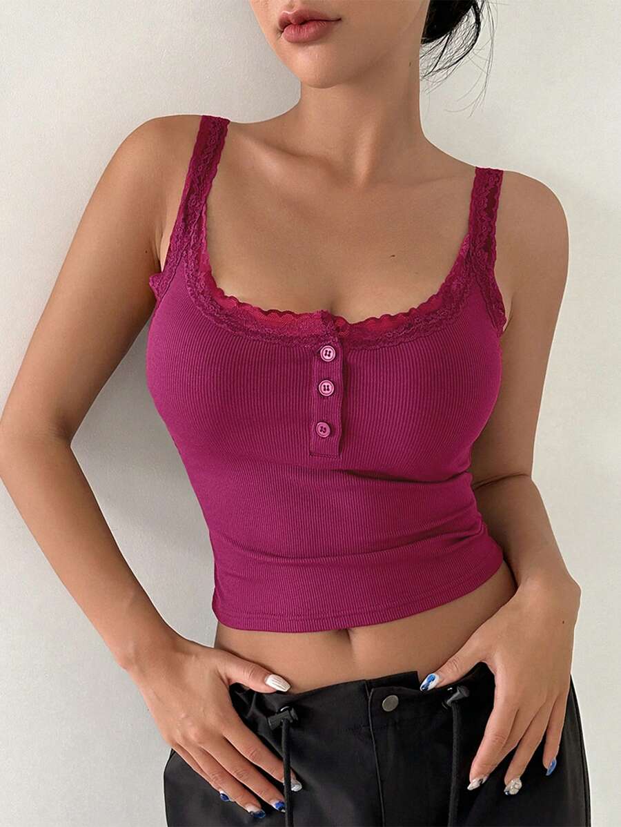 DAZY Lace Trim Crop Cami Top - Hot Pink - View 1