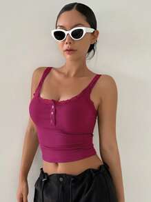 DAZY Lace Trim Crop Cami Top - Hot Pink - View 3