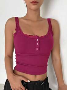 DAZY Lace Trim Crop Cami Top - Hot Pink - View 5