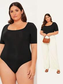 SHEIN BASICS Plus Solid Scoop Neck Bodysuit - Black - View 1