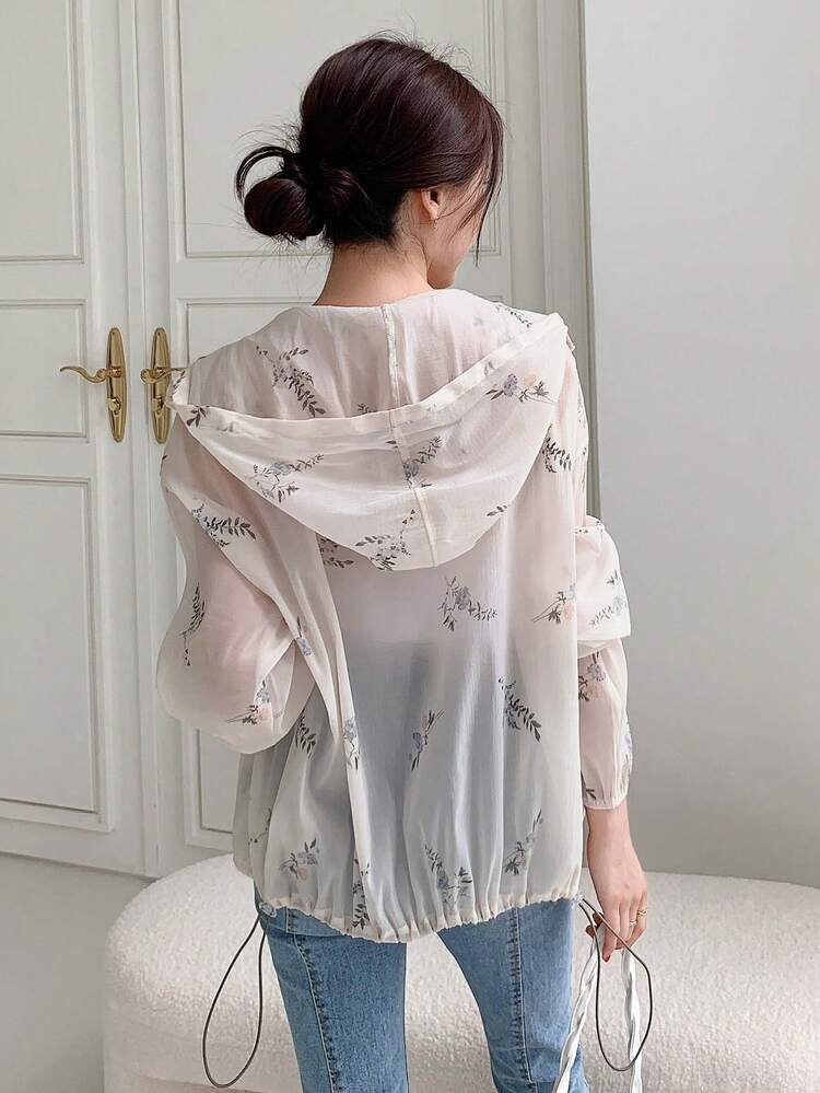 Floral Print Zip Up Drawstring Hem Hooded Sheer Coat