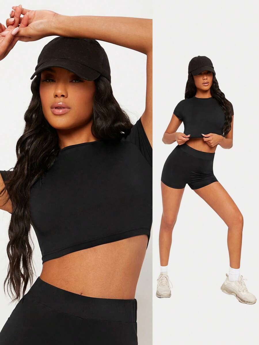 SHEIN BASICS Solid Mock Neck Crop Top/Summer - Black - View 1