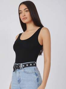 SHEIN BASICS Scoop Neck Solid Tank Top - Black - View 6