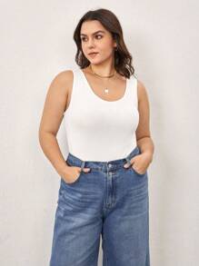 SHEIN BASICS Plus Solid Slim Tank Top - White - View 5
