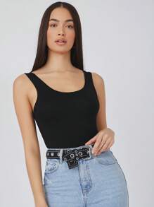 SHEIN BASICS Scoop Neck Solid Tank Top - Black - View 4