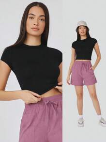 SHEIN BASICS 盖袖纯色短款上衣 - 黑色 - 查看 6