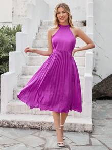 Aveloria Solid Pleated Hem Halter Dress - Purple - View 1
