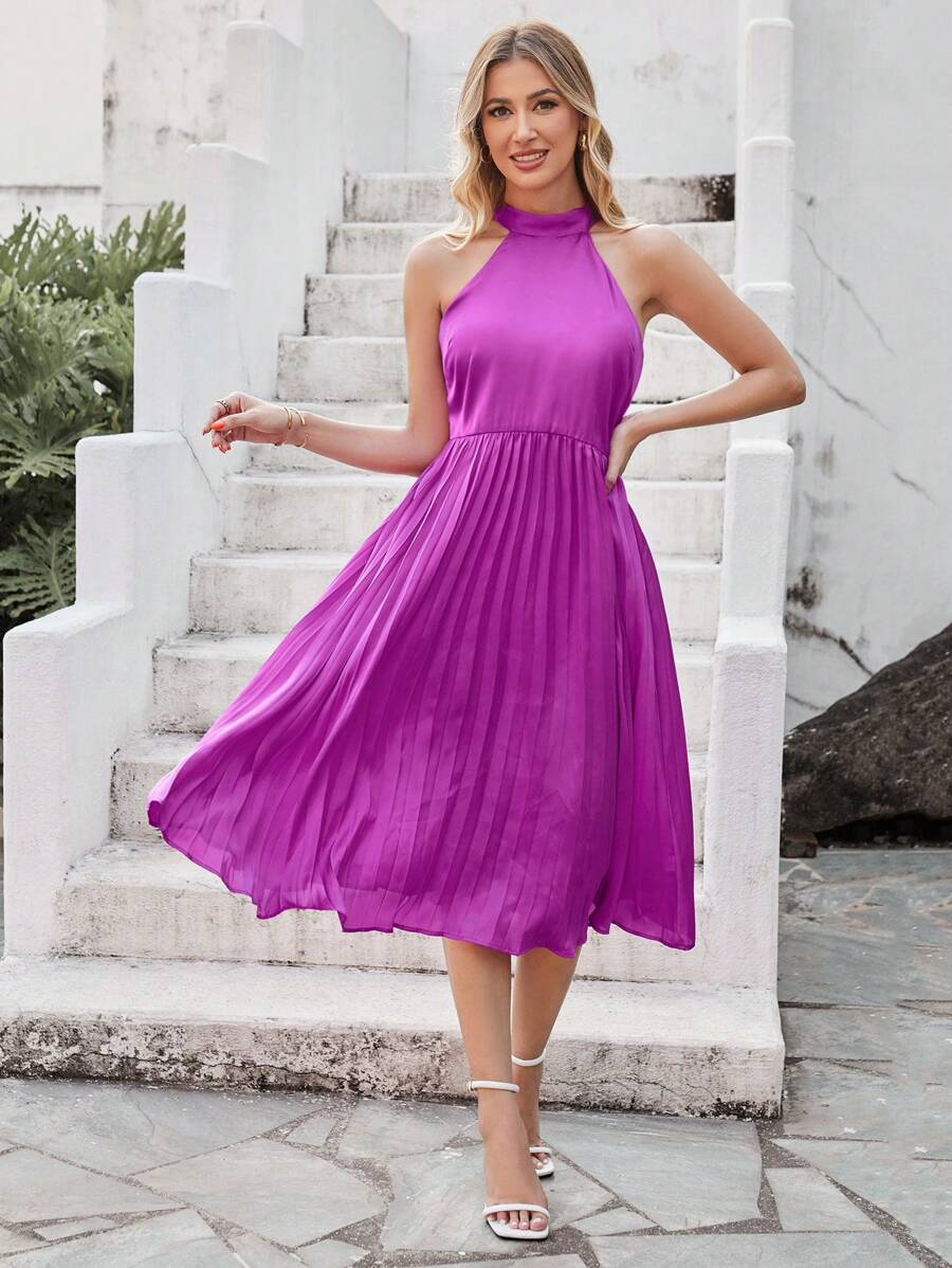 Aveloria Solid Pleated Hem Halter Dress - Purple - View 1