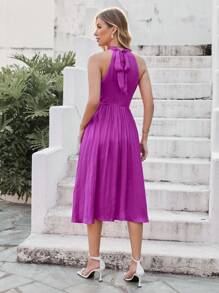 Aveloria Solid Pleated Hem Halter Dress - Purple - View 2