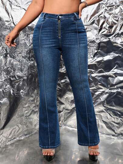 SHEIN ICON 大碼接縫細節牛仔喇叭褲