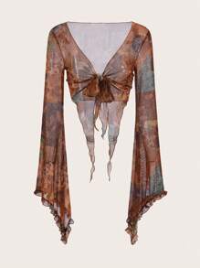 ROMWE PUNK 印花前繫帶喇叭袖網紗上衣 - 彩色 - 查看 1