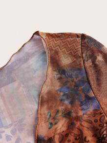 ROMWE PUNK 印花前繫帶喇叭袖網紗上衣 - 彩色 - 查看 3