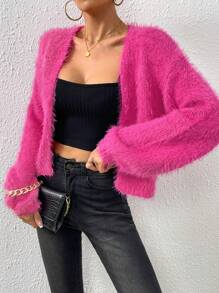 SHEIN EZwear 落肩袖毛茸茸開襟開衫 - 玫紅色 - 查看 1