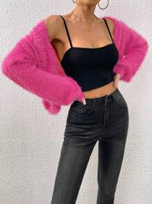 SHEIN EZwear 落肩袖毛茸茸開襟開衫 - 玫紅色 - 查看 4