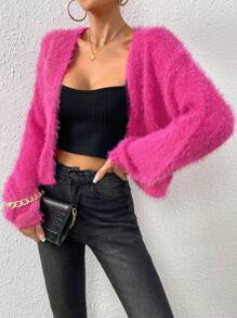 SHEIN EZwear 落肩袖毛茸茸開襟開衫 - 玫紅色 - 查看 5