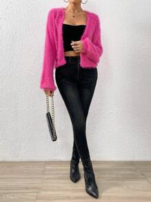 SHEIN EZwear 落肩袖毛茸茸開襟開衫 - 玫紅色 - 查看 6