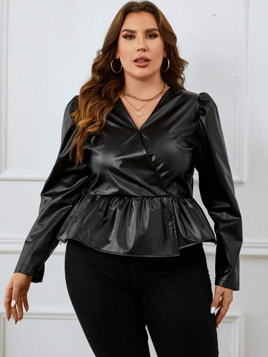 SHEIN Clasi 大碼泡泡袖荷葉邊下擺PU皮革上衣 - 黑色 - 查看 1
