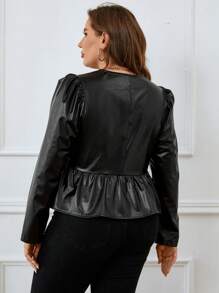 SHEIN Clasi 大碼泡泡袖荷葉邊下擺PU皮革上衣 - 黑色 - 查看 2