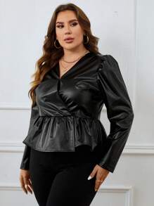 SHEIN Clasi 大碼泡泡袖荷葉邊下擺PU皮革上衣 - 黑色 - 查看 3