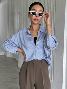 DAZY Solid Button Front Drop Shoulder Shirt Long Sleeve - Blue - View 3