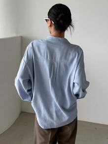 DAZY Solid Button Front Drop Shoulder Shirt Long Sleeve - Blue - View 2