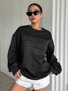 DAZY 字母圖案落肩袖運動衫 - 深灰色 - 查看 1