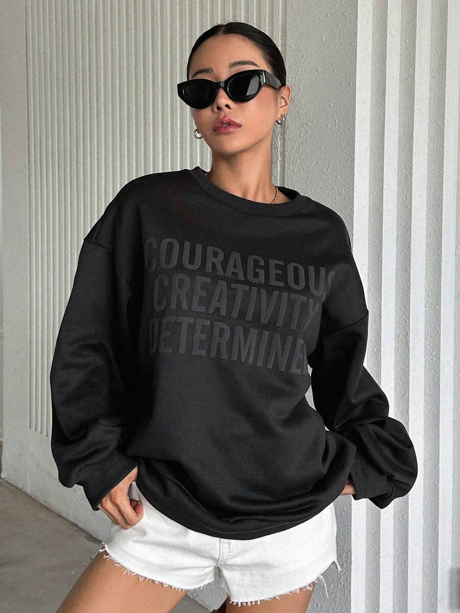 DAZY 字母圖案落肩袖運動衫 - 深灰色 - 查看 1