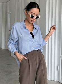 DAZY Solid Button Front Drop Shoulder Shirt Long Sleeve - Blue - View 1