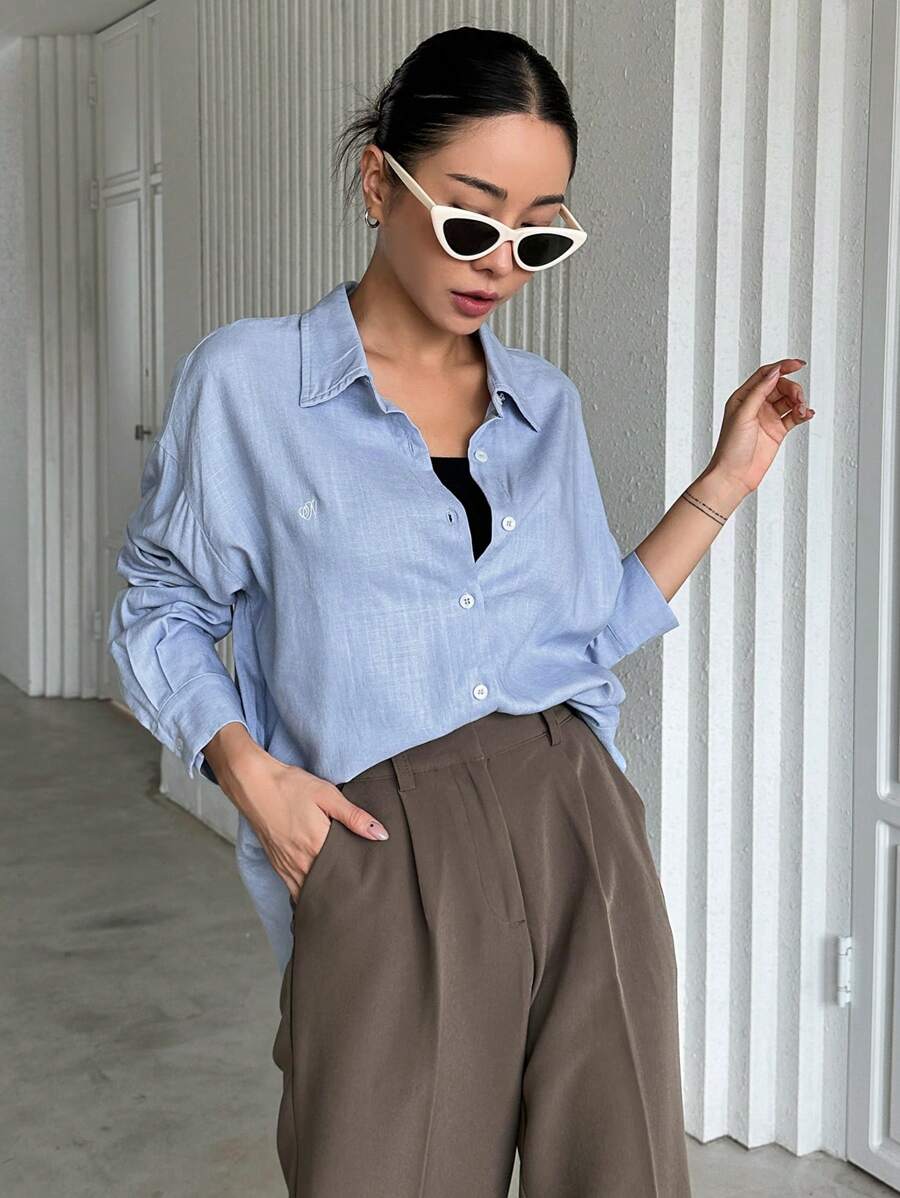 DAZY Solid Button Front Drop Shoulder Shirt Long Sleeve - Blue - View 1