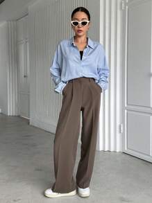 DAZY Solid Button Front Drop Shoulder Shirt Long Sleeve - Blue - View 4