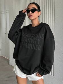 DAZY 字母圖案落肩袖運動衫 - 深灰色 - 查看 3